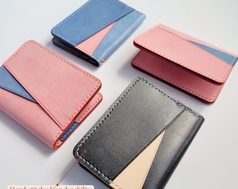 Handmade Slim Leather Bifold Wallet, Geometric Design, Personalized ID Card Holder