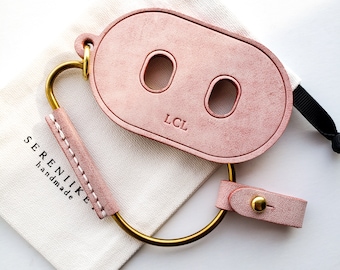 Personalized Brass Carabiner Keychain: Pink Leather Pig Snout Key Tag • US Tariffs Prepaid