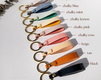 Monogram Leather Loop Keychain • Personalized Pastel Key Fob, Gift Under 20 for Her