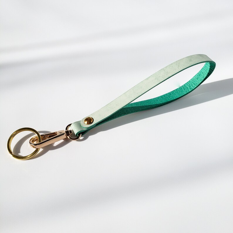 Leather Keychain Wristlet, Key Lanyard For Women, Leather Key Strap, Personalized New Year's Gift For Her Mint