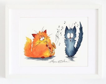 Funny cats music art print, cat lover unique gift