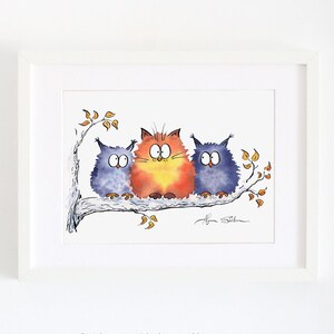 Joli chat rouge Filimon et deux hiboux drôles à imprimer pour décorer une chambre d'enfant, cadeau parfait pour les amoureux des chats, décoration d'affiche murale d'art aquarelle
