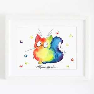 Rainbow Cat wall art print decor, cat lover unique gift