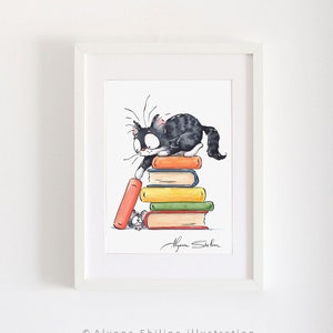 Stampa artistica personalizzata "Gatto sui libri", regalo per amanti dei gatti, regalo unico per amanti dei libri