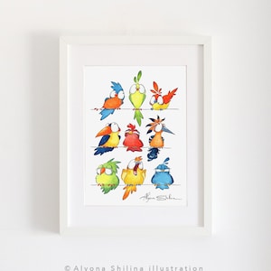 Birds on wire wall art print, cute bird decor, bird lover unique gift