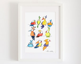 Funny colorful birds Art PRINT, Birds lovers original gift, Birds on wire, birds watercolor illustration, ten birds sit on wire drawing