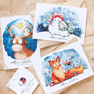 Weihnachtspostkarten 3er Set, süße Weihnachtskarten, Postcrossing