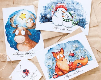 Christmas postcard set of 3, cute Christmas cards, postcrossing