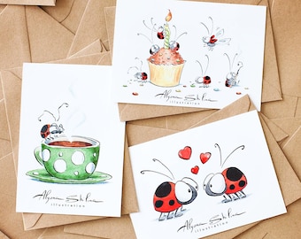 Ensemble de 3 cartes postales coccinelles, joli ensemble de cartes postales personnalisées, carte d'anniversaire drôle, carte Je t'aime, carte d'amateur de café, post-crossing