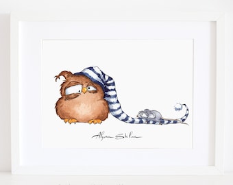 Owl & Mouse cute art print, unique and funny wall decor, coffee lover gift