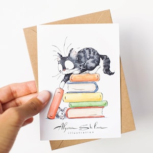 Cartolina carina con gatto e topo, cartolina carina per amanti dei libri, cartolina per amanti dei gatti, postcrossing