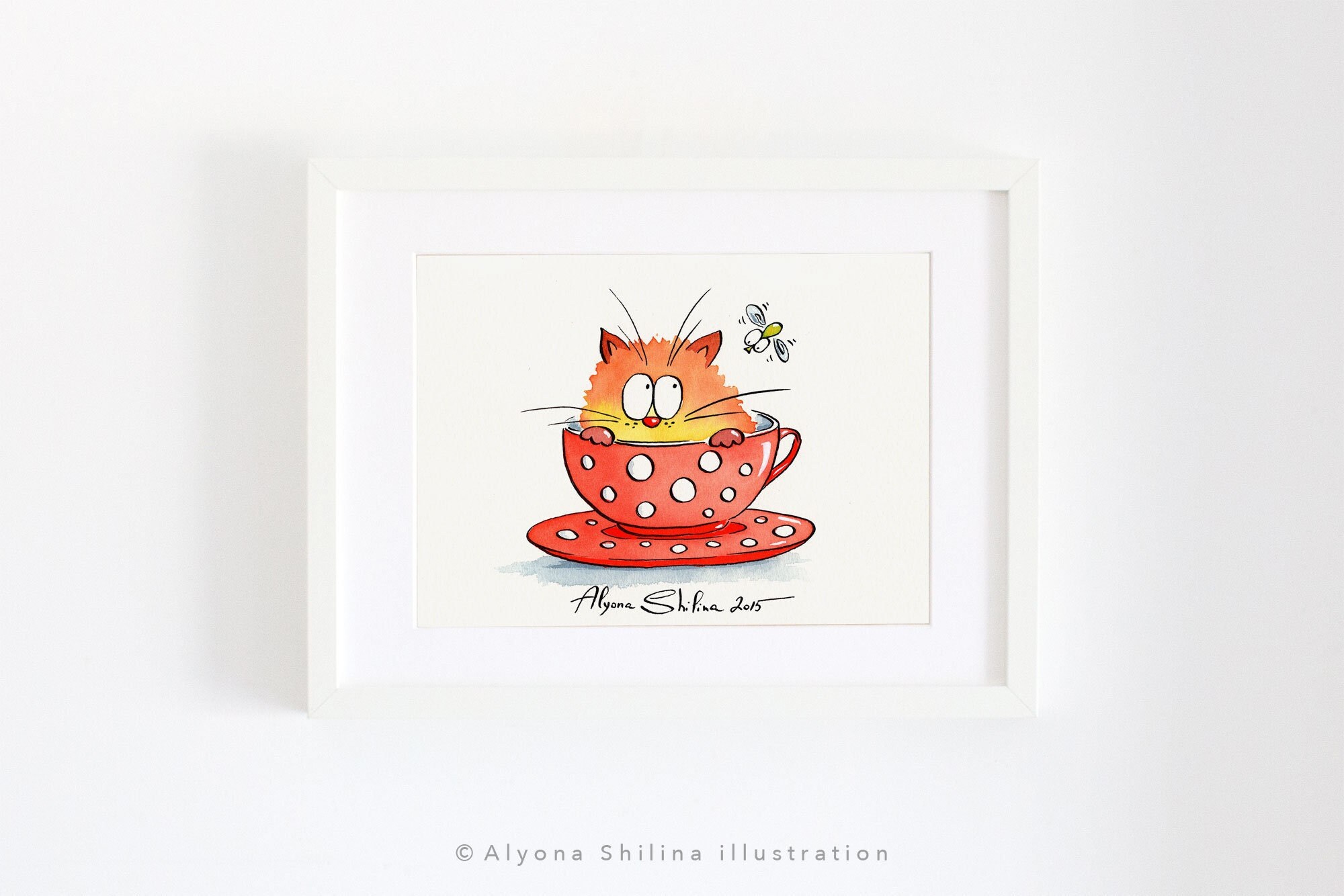 Red Cat tea lover art print, cute gift for cat lover