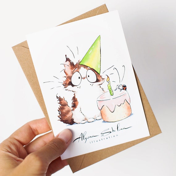 Cute Cat Birthday Card Funny Birthday Postcard Cat Lover - Etsy