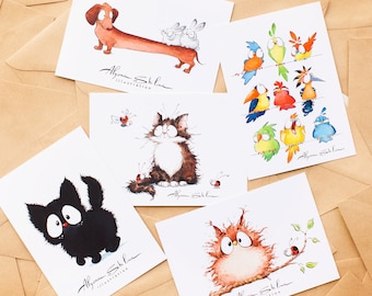 Postcard set of 5, cute animal watercolor postcards, postcrossing