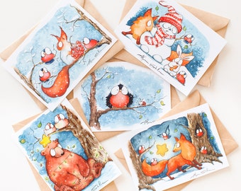 Set of 5 Postcards, cute Christmas cards ,Funny Postcard Set, Postcrossing