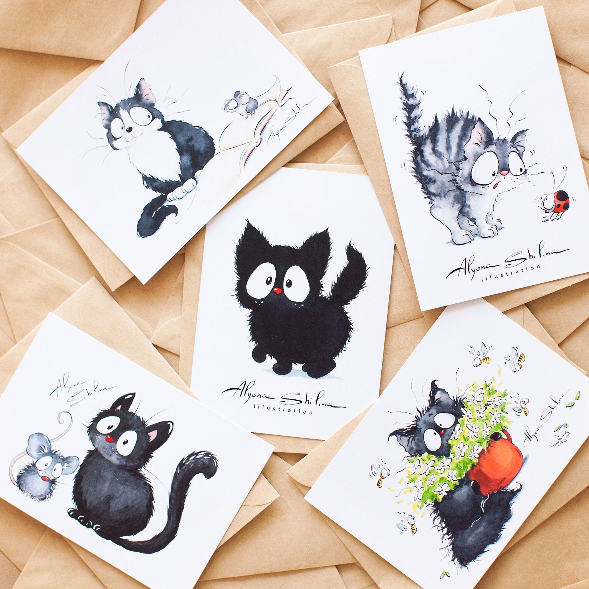 Cat Postcard Set of 5, cat mom gifts, cat drawing, postcrossing