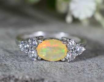 ETHIOPIAN Opal Ring With Cubic Zircon , Silver ring, Gemstone Ring,Engagement Ring,Birthday Gift,Wedding Ring. Design N0 - RO-003