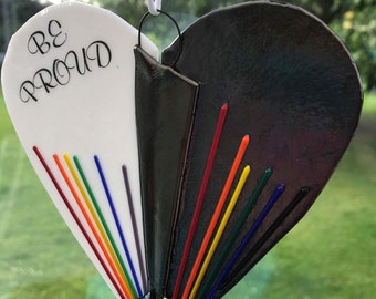 PRIDE 'Love is Love' fused glass LGBT+ heart ornament