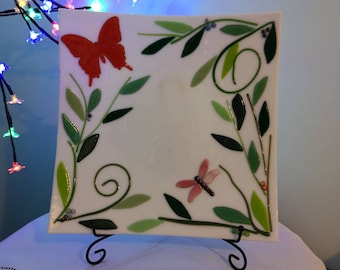 Fused glass butterfly dragonfly plate - gardening gift - springtime present