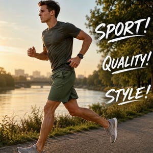 May include: A person running outdoors, wearing a dark green t-shirt, olive green shorts, and gray running shoes. A black watch is on the person's wrist. The image has the words "SPORT! QUALITY! STYLE!" in white.