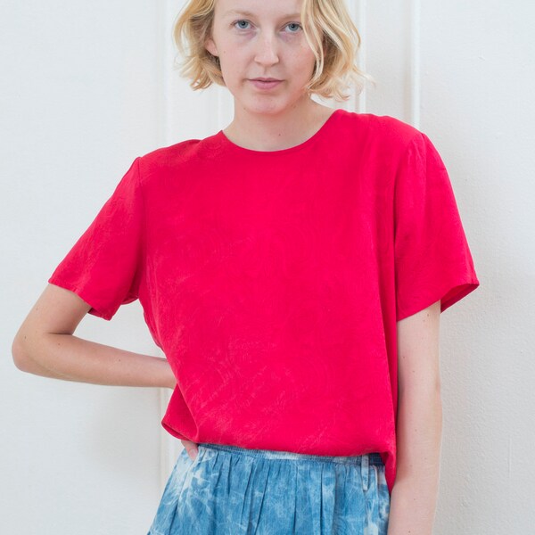 90s red silk short sleeve blouse | bright cherry red silk shirt | red silk crewneck top