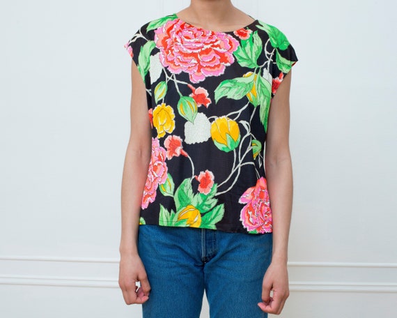 70s printed rainbow floral blouse medium | psyched