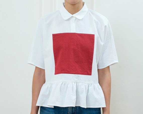 80s white peter pan collar peplum blouse | graphic