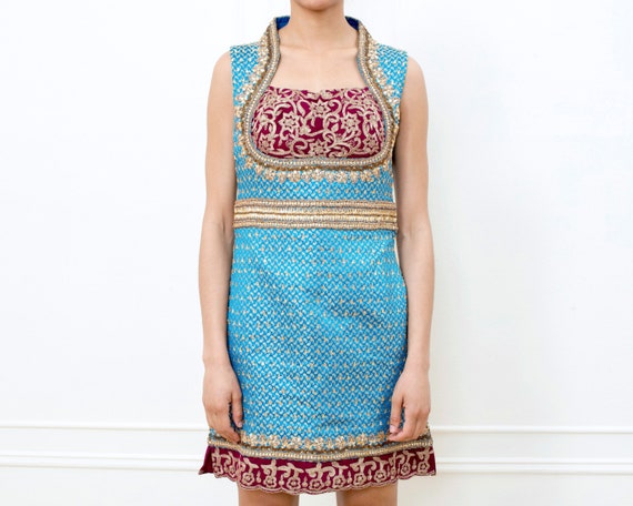 80s indian turquoise party dress | bright aqua se… - image 3