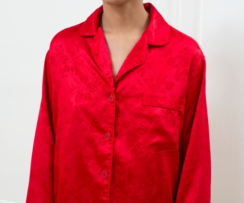 red silky pajama top 90s victoria/'s secret red button down shirt minimal red silky blouse minimalist red pajama shirt