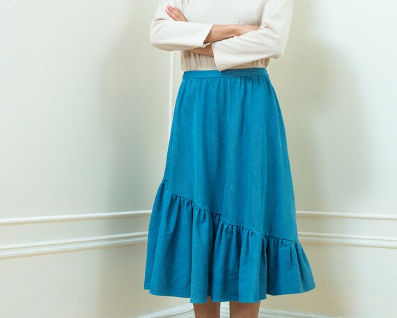 80s blue denim full midi skirt | denim ruffle ski… - image 3