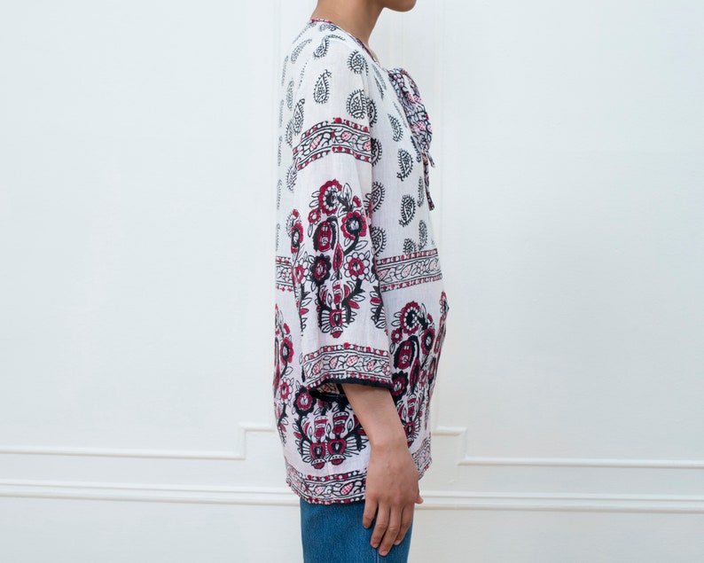 pink paisley print blouse printed boho hippie top block printed blouse bow tie 1970s 70s block print cotton tunic top small