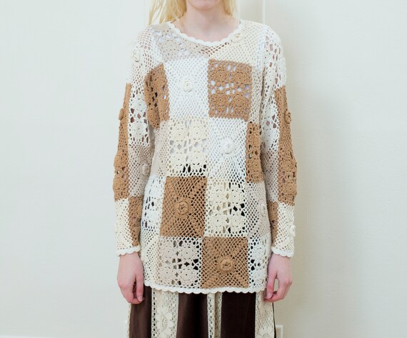cream crochet knit sweater | 70s patchwork crewnec