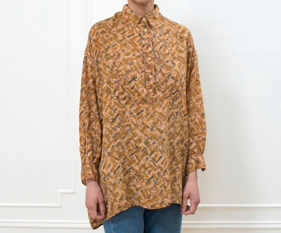 70s rust orange silk printed blouse medium | over… - image 3