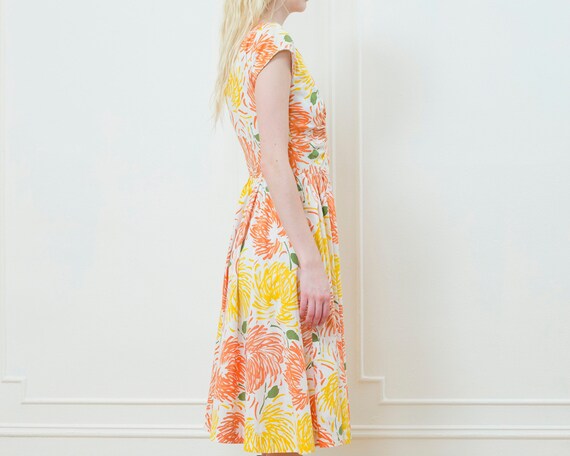 50s orange yellow floral midi dress medium | cap … - image 4