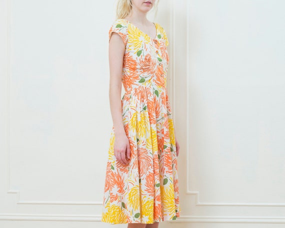 50s orange yellow floral midi dress medium | cap … - image 3