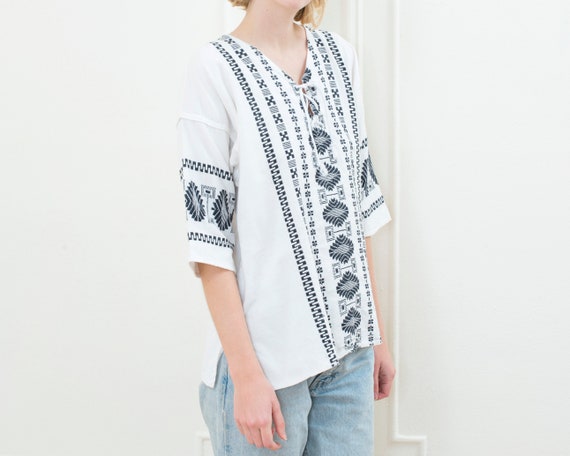 70s black and white cotton hippie blouse | lace u… - image 3