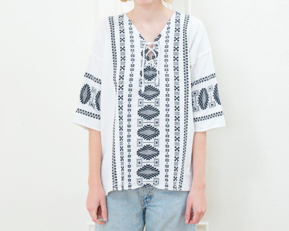 70s black and white cotton hippie blouse | lace u… - image 2