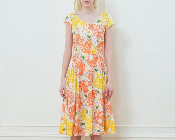 50s orange yellow floral midi dress medium | cap … - image 1