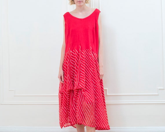 80s red striped dress | tiered midi oversized lay… - image 3