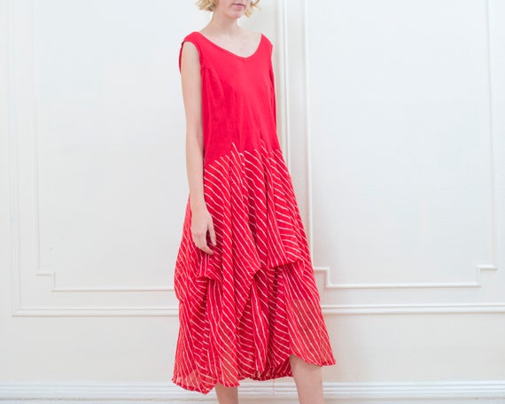 80s red striped dress | tiered midi oversized lay… - image 4