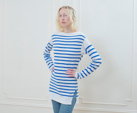 blue striped breton t shirt | 70s long striped cot
