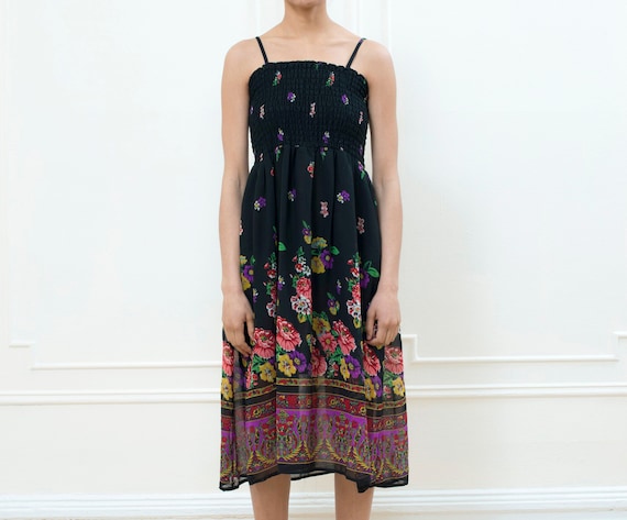 70s black floral hippie dress | scarf print midi d