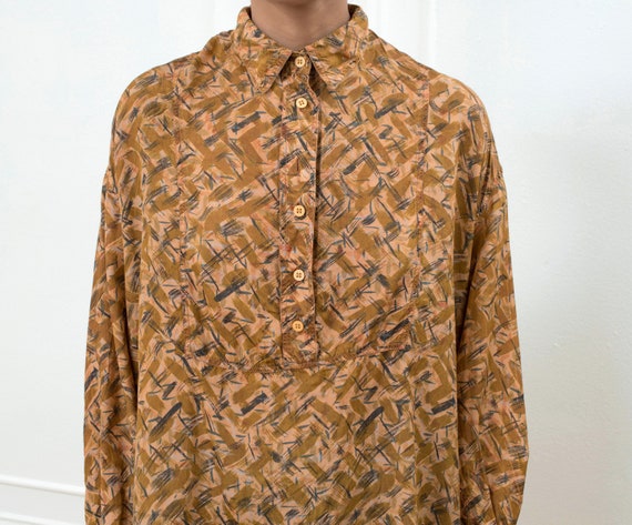 70s rust orange silk printed blouse medium | over… - image 1