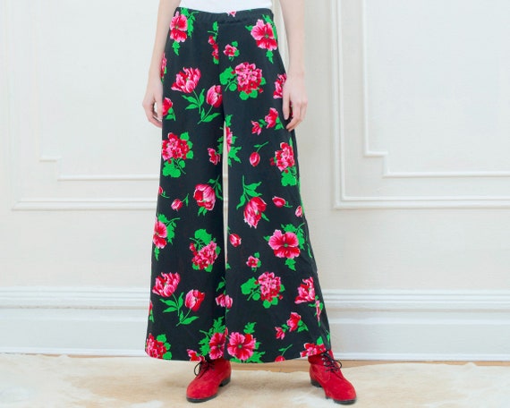 70s black floral pants | pink flower print wide l… - image 1