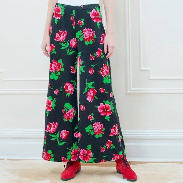 70s black floral pants | pink flower print wide leg hippie pants | bell bottom pants | bohemian pants | hot pink floral pants | boho pants