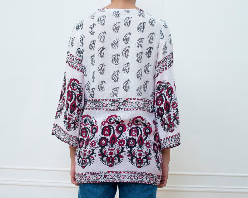 pink paisley print blouse printed boho hippie top block printed blouse bow tie 1970s 70s block print cotton tunic top small