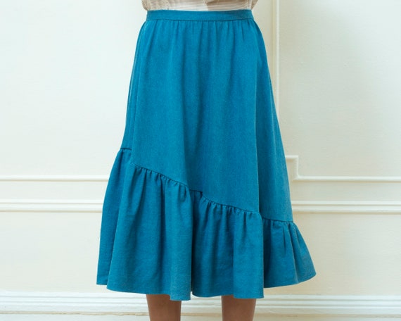 80s blue denim full midi skirt | denim ruffle ski… - image 1