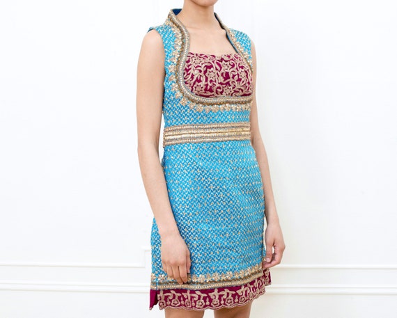 80s indian turquoise party dress | bright aqua se… - image 1