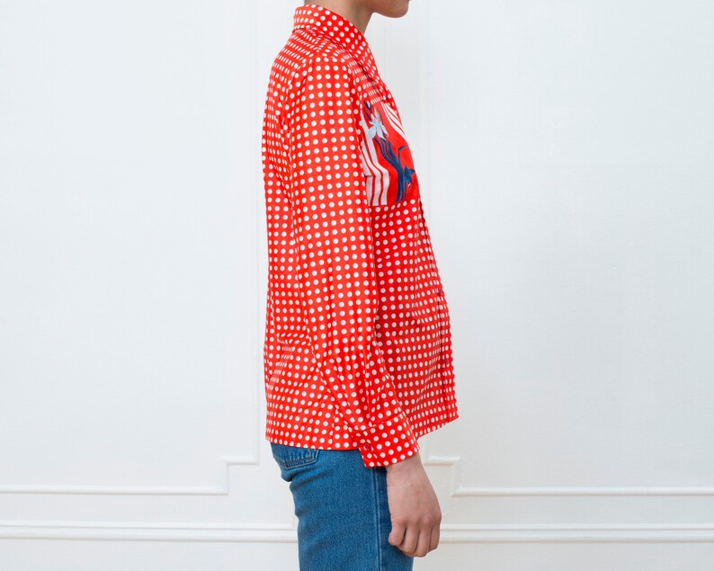 floral polka dot blouse red printed shirt medium 70s red psychedelic shirt red polka dot button down graphic western shirt