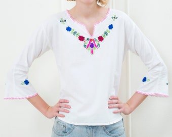 60s floral cotton hippie blouse | flower embroidery bohemian blouse | cotton boho hippie shirt | rainbow floral peasant top